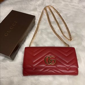 Gucci GG Marmont Red Leather Wallet on Chain